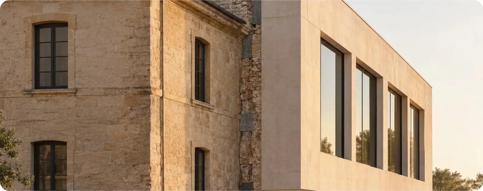 A historic stone building joined to a new concrete extension, with the seam between old and new left visible.